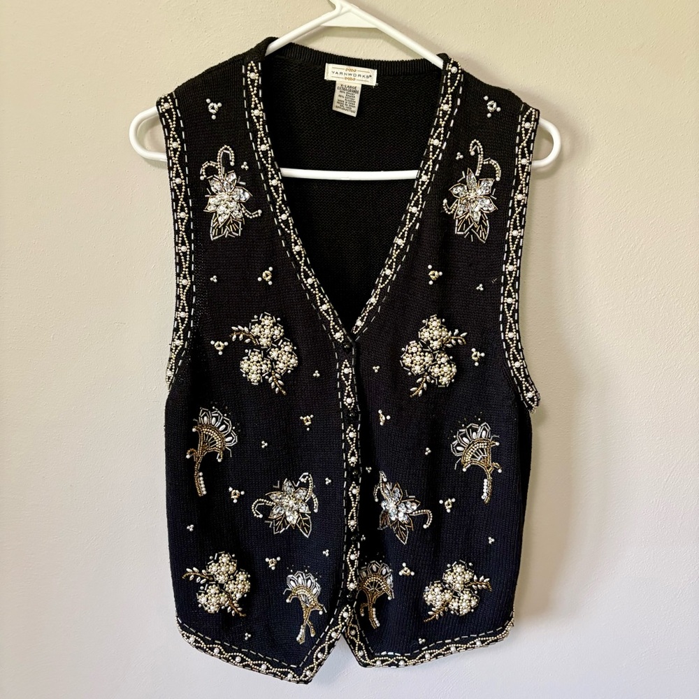 Vintage Yarnworks Ramie and Cotton Beaded Sequin Black and Gold Vest
